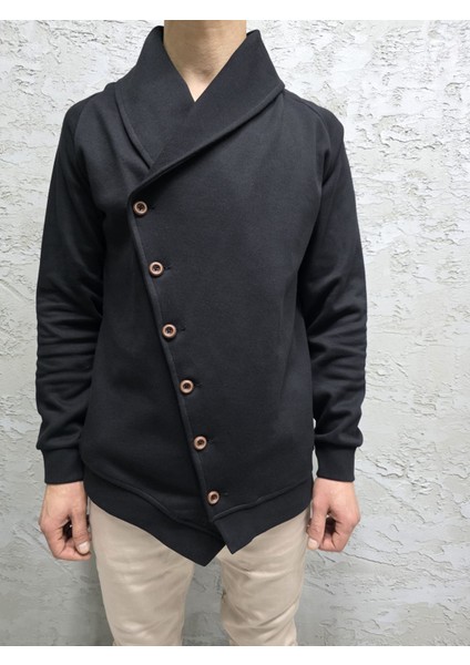 Asimetrik Kesim Düğmeli Şal Yaka Hırka