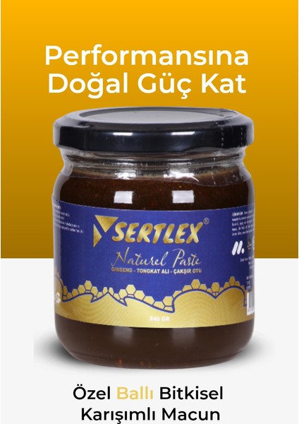 Sertlex Ginsengli , Çakşır Otlu , Tongkhat Ali , Epimedium2, Panax , Tribulus Erkeklere Özel Kuvvet Macunu Geç Sert Güçlü Ilişki Atom Macunu Ballı Bitkisel Karışım (Pestisit Içermez) 240 gr