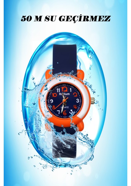 Çocuk Kol Saati Su Geçirmez Rodium Analaog (8846) (Turuncu Kasa-Lacivert Kordon)