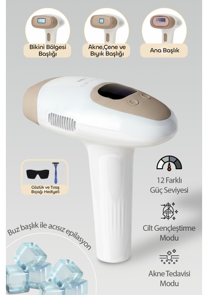 Gelişmiş 12 Kademeli Lazer Epilasyon Aleti, 999.900 Atımlı, Otomatik ve Manuel Kullanım