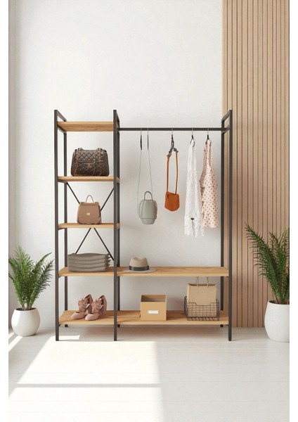 Nilamu Elbise Dolabı / Metal Aksamlı / Atlantik Çam / Açık Dolap / Organizer / Askılık