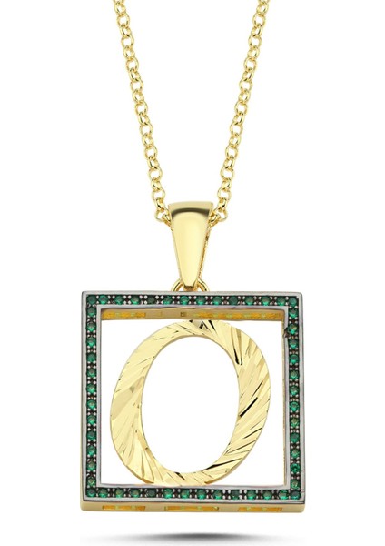 O Harfli Yeşil Taşlı 14 Ayar Altın Kaplama Kolye HR16