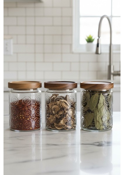 Akasya Kapaklı 3’lü Cam Saklama Kabı Seti – Vakumlu Kapak, Desenli Yuvarlak Kavanoz