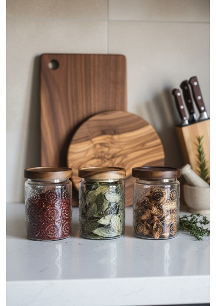 Akasya Kapaklı 3’lü Cam Saklama Kabı Seti – Vakumlu Kapak, Desenli Yuvarlak Kavanoz fiyatları