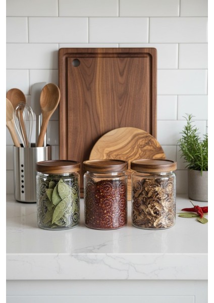 Akasya Kapaklı 3’lü Cam Saklama Kabı Seti – Vakumlu Kapak, Desenli Yuvarlak Kavanoz modelleri