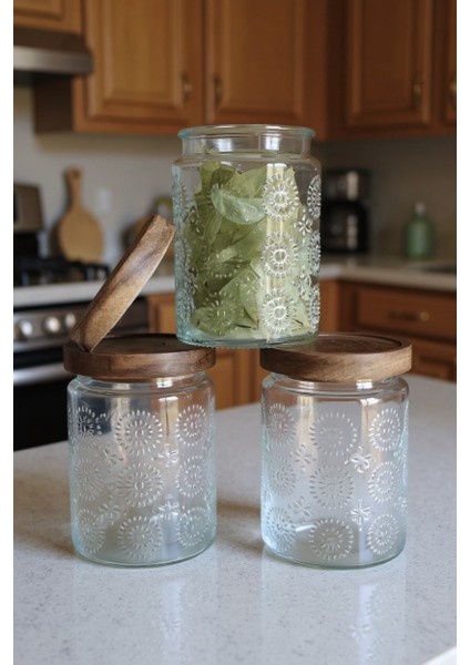 Akasya Kapaklı 3’lü Cam Saklama Kabı Seti – Vakumlu Kapak, Desenli Yuvarlak Kavanoz fırsatları