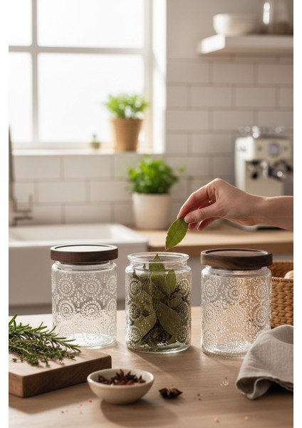 Akasya Kapaklı 3’lü Cam Saklama Kabı Seti – Vakumlu Kapak, Desenli Yuvarlak Kavanoz indirimleri