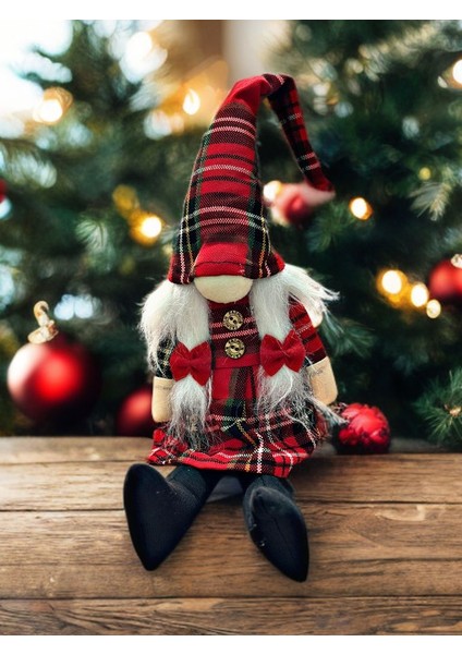 Yılbaşı Peluş Cüce 46 cm – Pöti Kareli Elbise – Dekoratif Kız Noel Cücesi (Kod:peluş3)