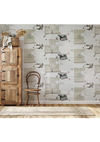 Krem Retro Daktilo ve Posta Desenleri 16 M2 Duvar Kağıdı