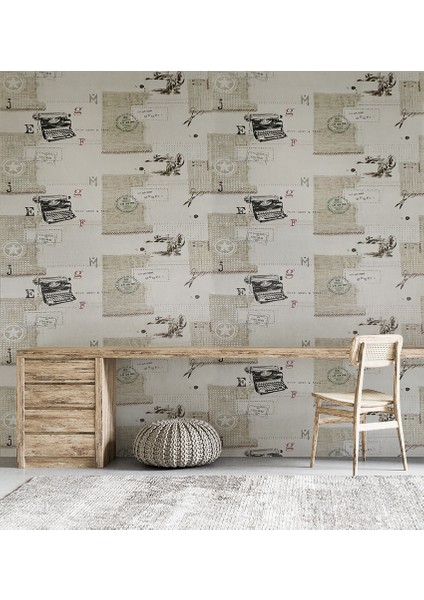 Krem Retro Daktilo ve Posta Desenleri 16 M2 Duvar Kağıdı fiyatları