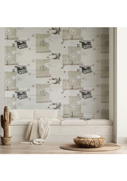 Krem Retro Daktilo ve Posta Desenleri 16 M2 Duvar Kağıdı modelleri