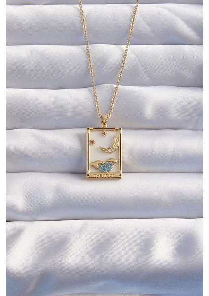 Bfs 316L Çelik Zincir Gold Renk Ay Detay Mavi Zirkon Taşlı Tarot Kolye