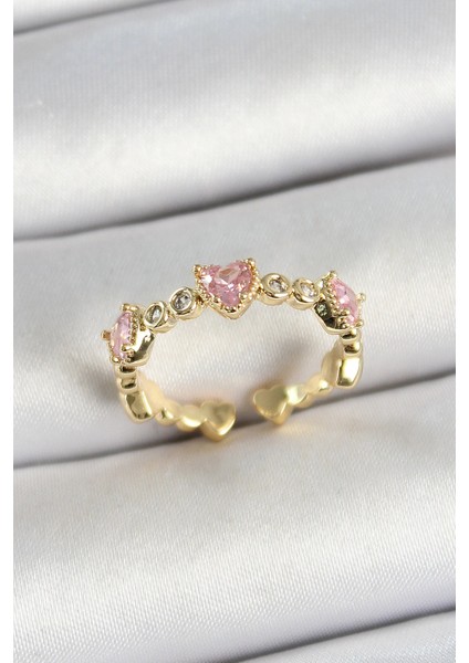 Bfs Pirinç Sıralı Kalp Figürlü Zirkon Taşlı Gold Renk Ayarlanabilir Kadın Yüzük