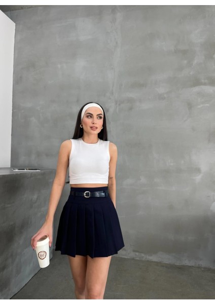 Duble Kumaş Pileli Şort Astarlı Kemerli Siyah Mini Etek