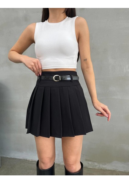 Duble Kumaş Pileli Şort Astarlı Kemerli Siyah Mini Etek