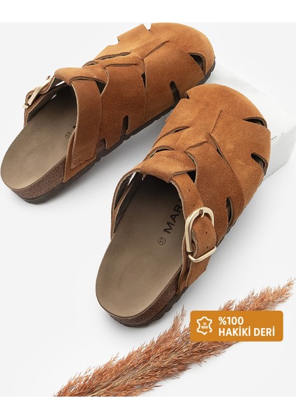 Kadın Hakiki Deri Önü Kapalı Günlük Süet Terlik Yolis Taba Süet