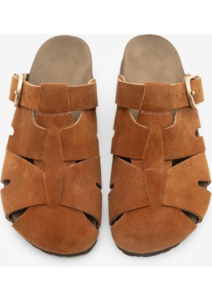 Kadın Hakiki Deri Önü Kapalı Günlük Süet Terlik Yolis Taba Süet