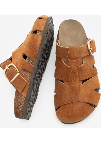 Kadın Hakiki Deri Önü Kapalı Günlük Süet Terlik Yolis Taba Süet