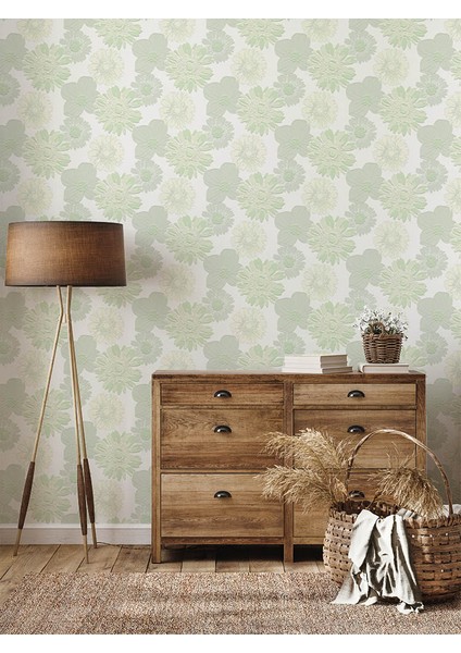 Yeşil Çiçeli Hafif Parlak Ucuz Duvar Kağıdı 53391