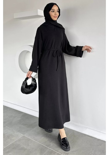 Tesettür Bel Bağcıklı Kol Katlamalı Selanik Kumaş Elbise P-00019770