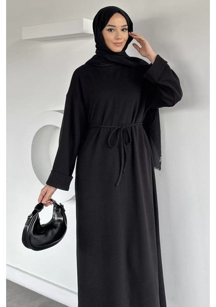 Tesettür Bel Bağcıklı Kol Katlamalı Selanik Kumaş Elbise P-00019770 fiyatları