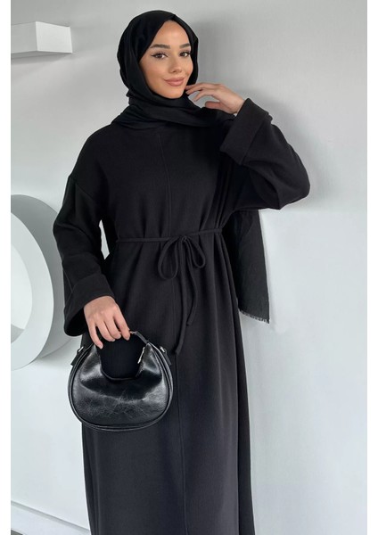 Tesettür Bel Bağcıklı Kol Katlamalı Selanik Kumaş Elbise P-00019770 modelleri