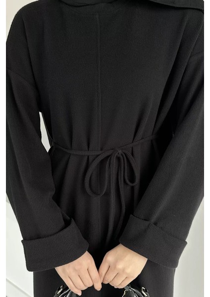 Tesettür Bel Bağcıklı Kol Katlamalı Selanik Kumaş Elbise P-00019770 indirimleri