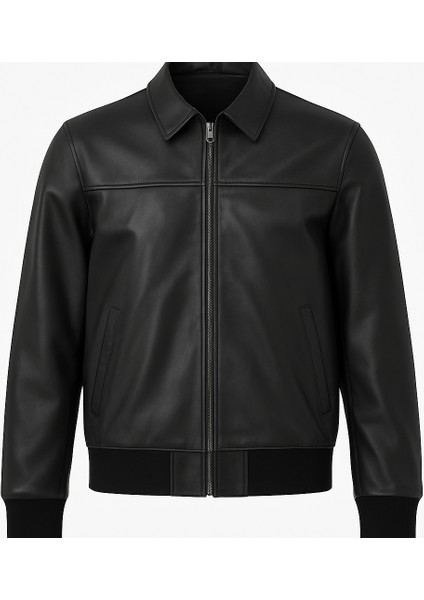 Erkek Gerçek Deri Regular Fit Klasik Yaka Fermuarlı Siyah Ceket