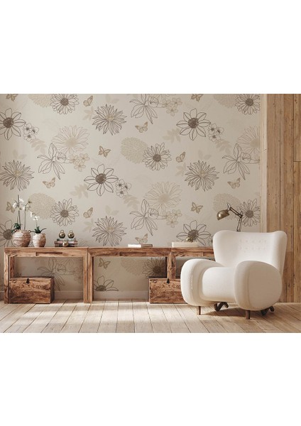 Krem Kahve Tonu Çiçek Desen Dokulu Duvar Kağıdı 54064 modelleri