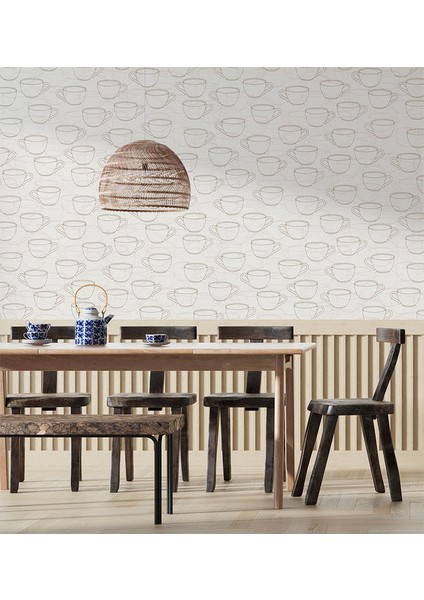 Cafe Tarzı Krem Fincanlı Ucuz Duvar Kağıdı 53701