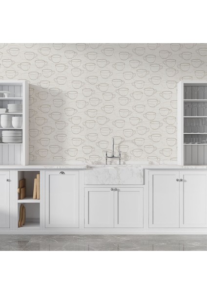 Cafe Tarzı Krem Fincanlı Ucuz Duvar Kağıdı 53701 fırsatları