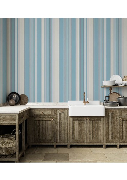 Mavi Tonlarında Çizgili Dokulu Ucuz Duvar Kağıdı 53508 fiyatları