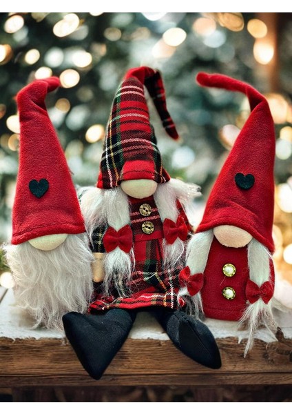 Yılbaşı Peluş Cüce 3’lü Set – 36 cm & 46 cm – Kırmızı ve Kareli Dekoratif Noel Cücesi (Kod:peluş6)