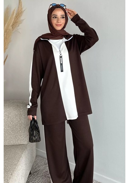 Tesettür Yarım Fermuarlı Renk Garnili Tunik Pantolon Ikili Takım P-00019751 fiyatları