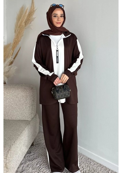 Tesettür Yarım Fermuarlı Renk Garnili Tunik Pantolon Ikili Takım P-00019751 modelleri