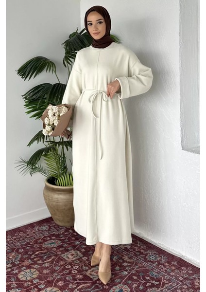 Tesettür Bel Bağcıklı Kol Katlamalı Selanik Kumaş Elbise P-00019770