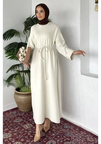Tesettür Bel Bağcıklı Kol Katlamalı Selanik Kumaş Elbise P-00019770 modelleri