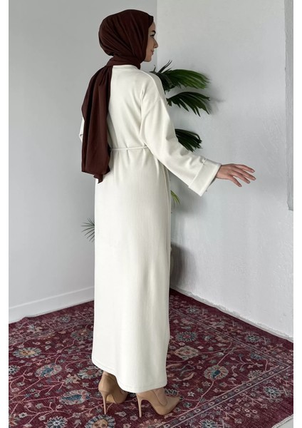 Tesettür Bel Bağcıklı Kol Katlamalı Selanik Kumaş Elbise P-00019770 fırsatları