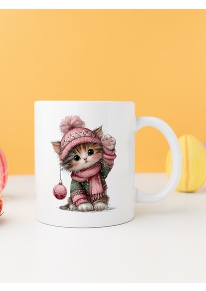 Yılbaşı Kedili Baskılı-Hediyelik Seramik Kupa Bardak Model 19