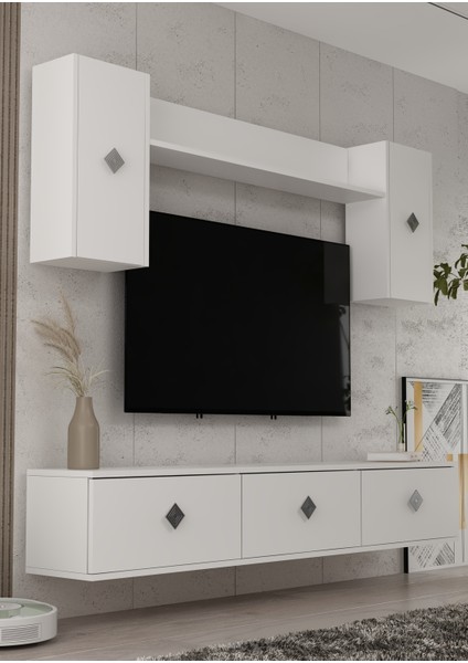 1339TV180-1CDD Duvara Montaj Tv Sehpası, Tv Ünitesi Beyaz-Gümüş
