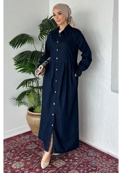 Ön Düğmeli Tesettür Jean Kot Elbise P-00019737