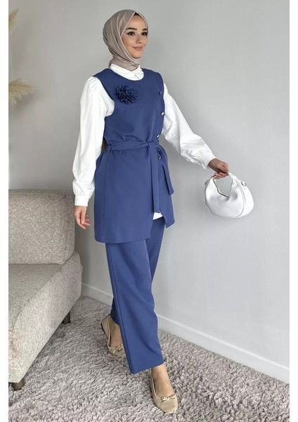 Aksesuarlı Gömlek Yelek Pantolon Tesettür Üçlü Takım P-00017904