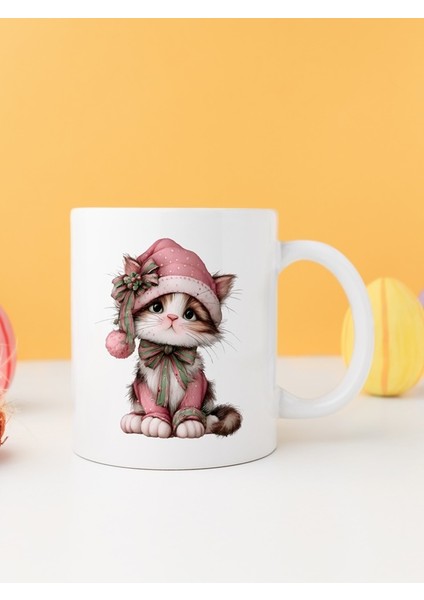 Yılbaşı Kedili Baskılı-Hediyelik Seramik Kupa Bardak Model 15