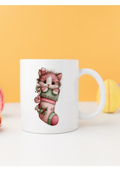 Yılbaşı Kedili Baskılı-Hediyelik Seramik Kupa Bardak Model 23