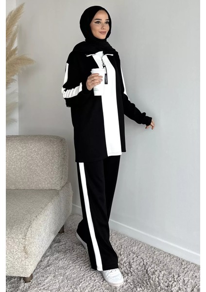 Tesettür Yarım Fermuarlı Renk Garnili Tunik Pantolon Ikili Takım P-00019751