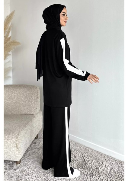 Tesettür Yarım Fermuarlı Renk Garnili Tunik Pantolon Ikili Takım P-00019751 modelleri