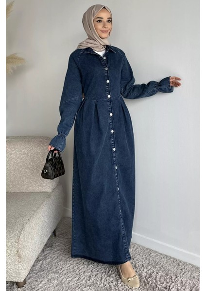 Ön Düğmeli Tesettür Jean Kot Elbise P-00019737