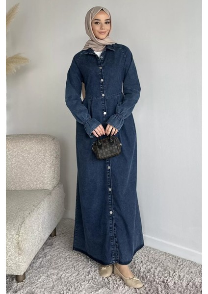 Ön Düğmeli Tesettür Jean Kot Elbise P-00019737 modelleri