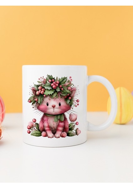 Yılbaşı Kedili Baskılı-Hediyelik Seramik Kupa Bardak Model 5