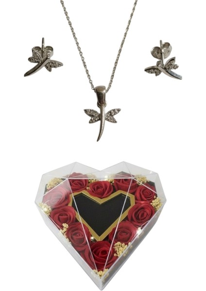 Premium Kutuda 925 Ayar Gümüş Yusufcuk Kuşu Set Kadın